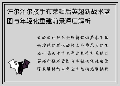 许尔泽尔接手布莱顿后英超新战术蓝图与年轻化重建前景深度解析